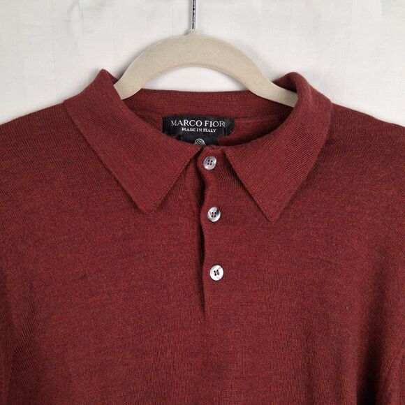 Merino Wool Men's Sweater Marco Fioni Collared Polo Size L Berry Red - Picture 3 of 13